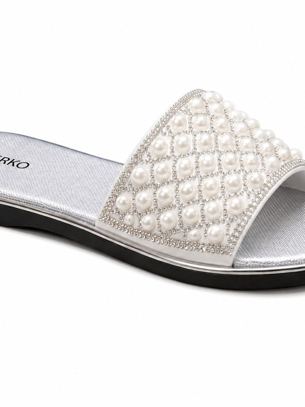 Pearl-Embellished Silver Slide Sandal - Women
